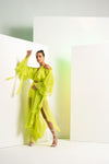 Lime green asymmetric dress with cascade sleeve