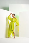 Lime green asymmetric dress with cascade sleeve