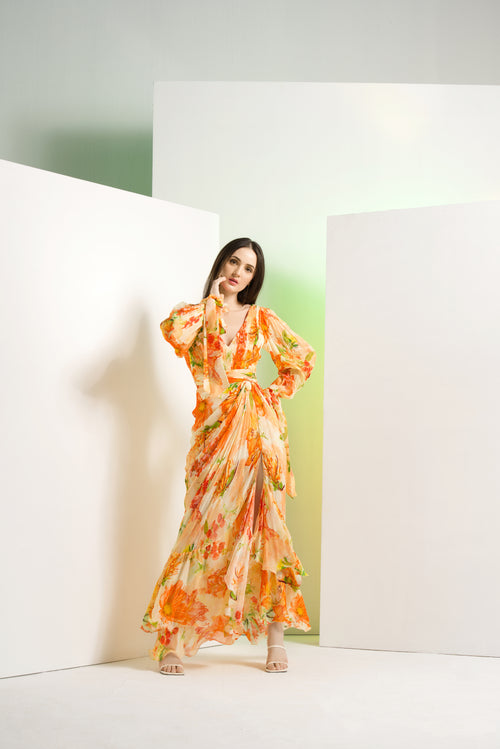 Orange lilium chffon dress with waist buckle details