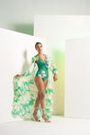 Green bee vibes body suit with a twisted front bodice and a chiffon long cape