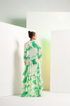 Green bee vibes body suit with a twisted front bodice and a chiffon long cape