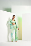 Green Raw Crystal Pant Satin Suit with Bustier