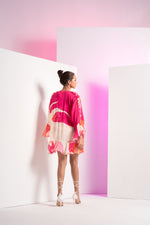 Pink abstract muse one shoulder body suit with side cut and stylised chiffon cape detailed with ruffles at sleeve