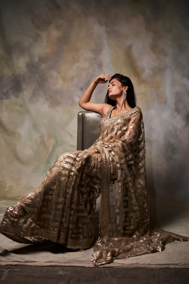 Gold Sequin Saree by Seema Gujral - Lotus Bloom Canada