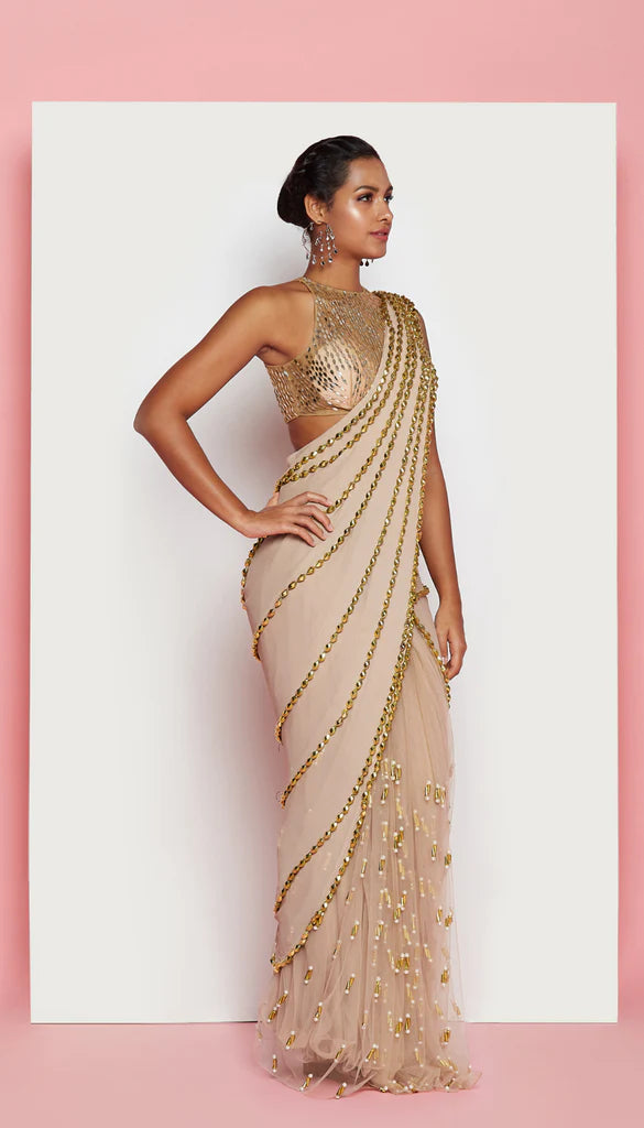 TORTILLA - NUDE EMBELLISHED PRE-STICHED SAREE SET