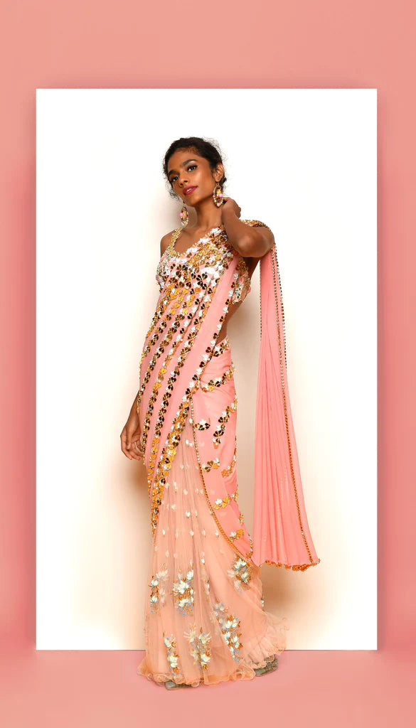 HEART CONFETTI'S - PEACH & IVORY PRE-STICHED SAREE SET