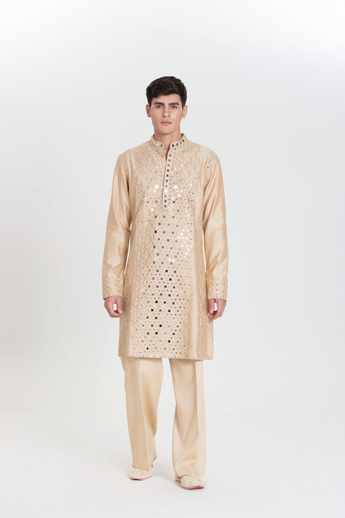 Beige Grid Kurta Set