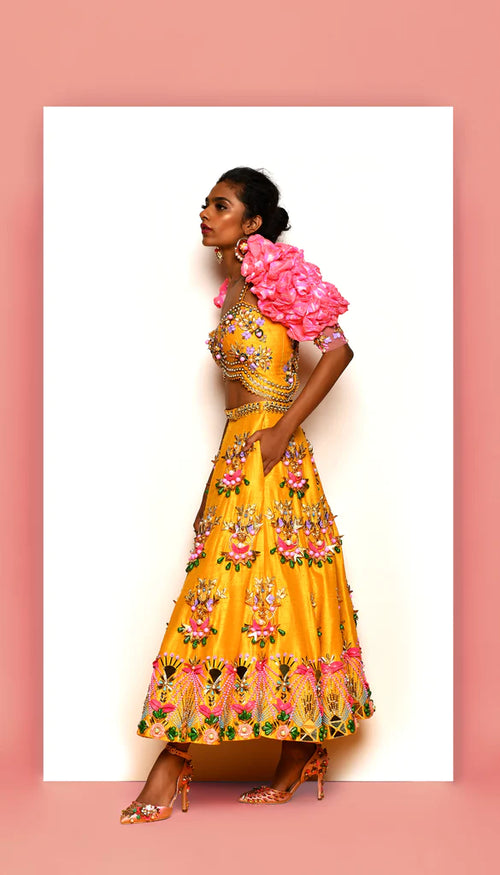 IN THE CLOUDS - MUSTARD YELLOW AND PINK EMBELLISHED HALF LEHENGA SET