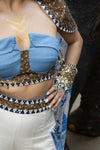 Ivory Kota Doria Hand Painted Sharara With Denim Embellished Bustier & Cape