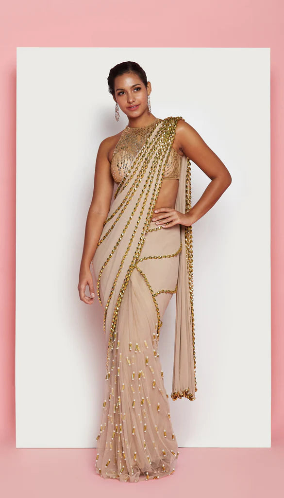 TORTILLA - NUDE EMBELLISHED PRE-STICHED SAREE SET