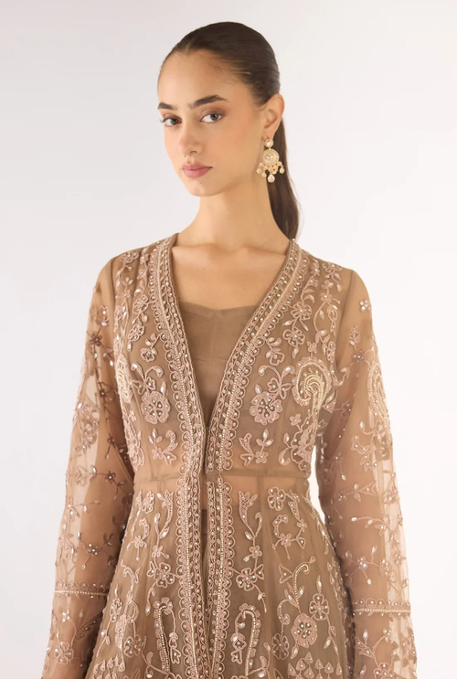 Grey Net Embroidered Sharara Set