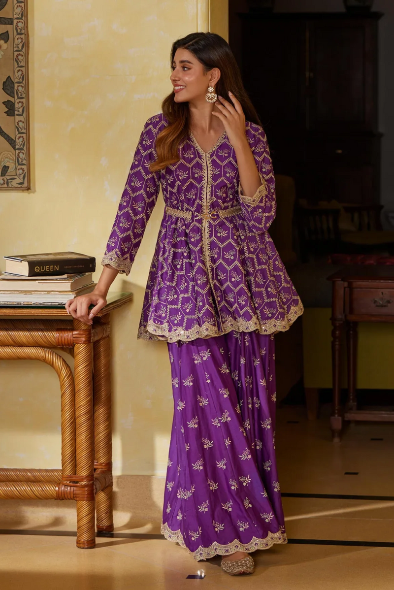 Mulmul Pima Bisini Purple Top With Sharara