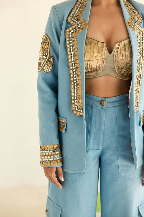 Denim Blazer Gold Bustier with Denim Cargo Pants