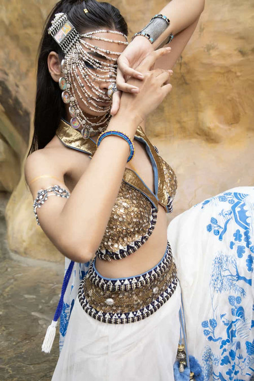 Ivory Kota Doria Hand Painted Lehenga With Embellished Collared Blouse