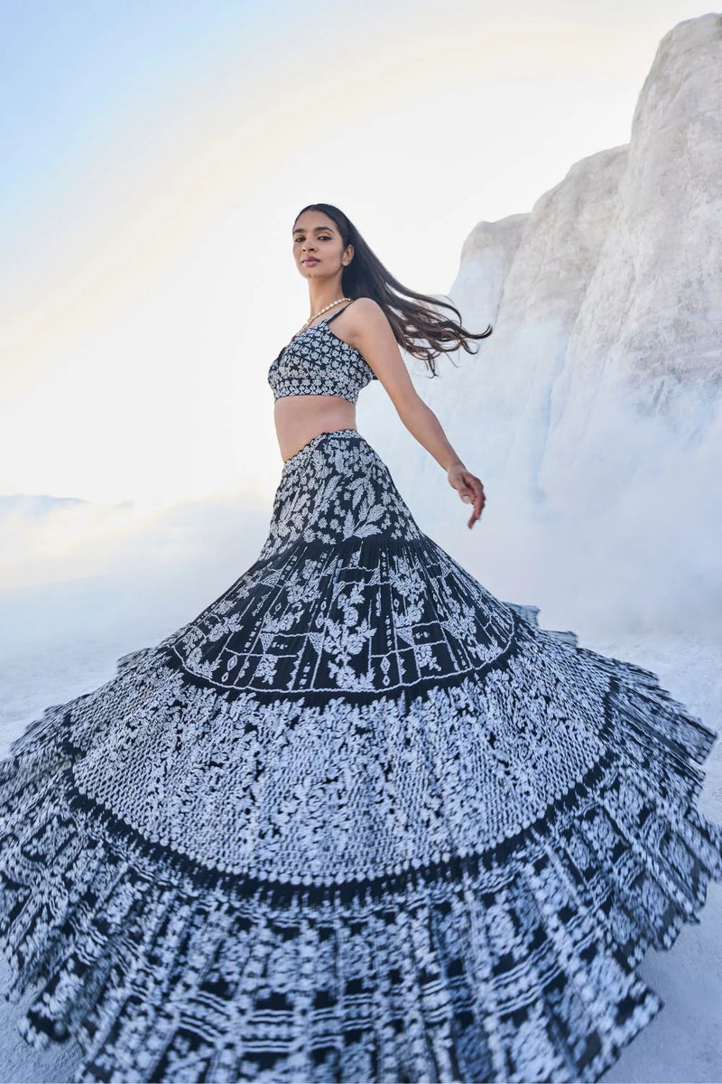 Black Multi-Tiered Lehenga Set by Seema Gujral - Lotus Bloom Canada