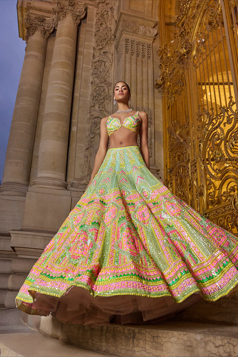 Neon Multi-Coloured Sequin Lehenga Set by Seema Gujral - Lotus Bloom Canada