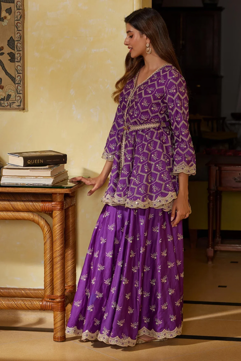 Mulmul Pima Bisini Purple Top With Sharara