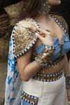 Ivory Kota Doria Hand Painted Sharara With Denim Embellished Bustier & Cape