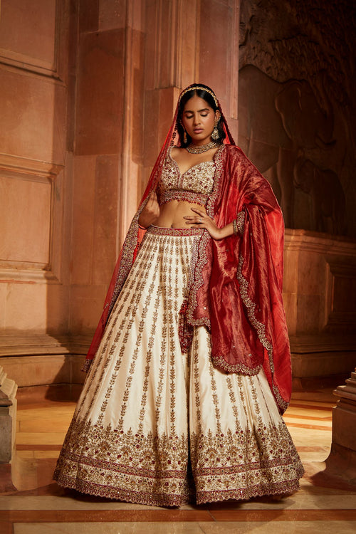 IVORY TAFETTA  BRIDAL LEHEHENGA CHOLI SET WITH RED DUPATTA