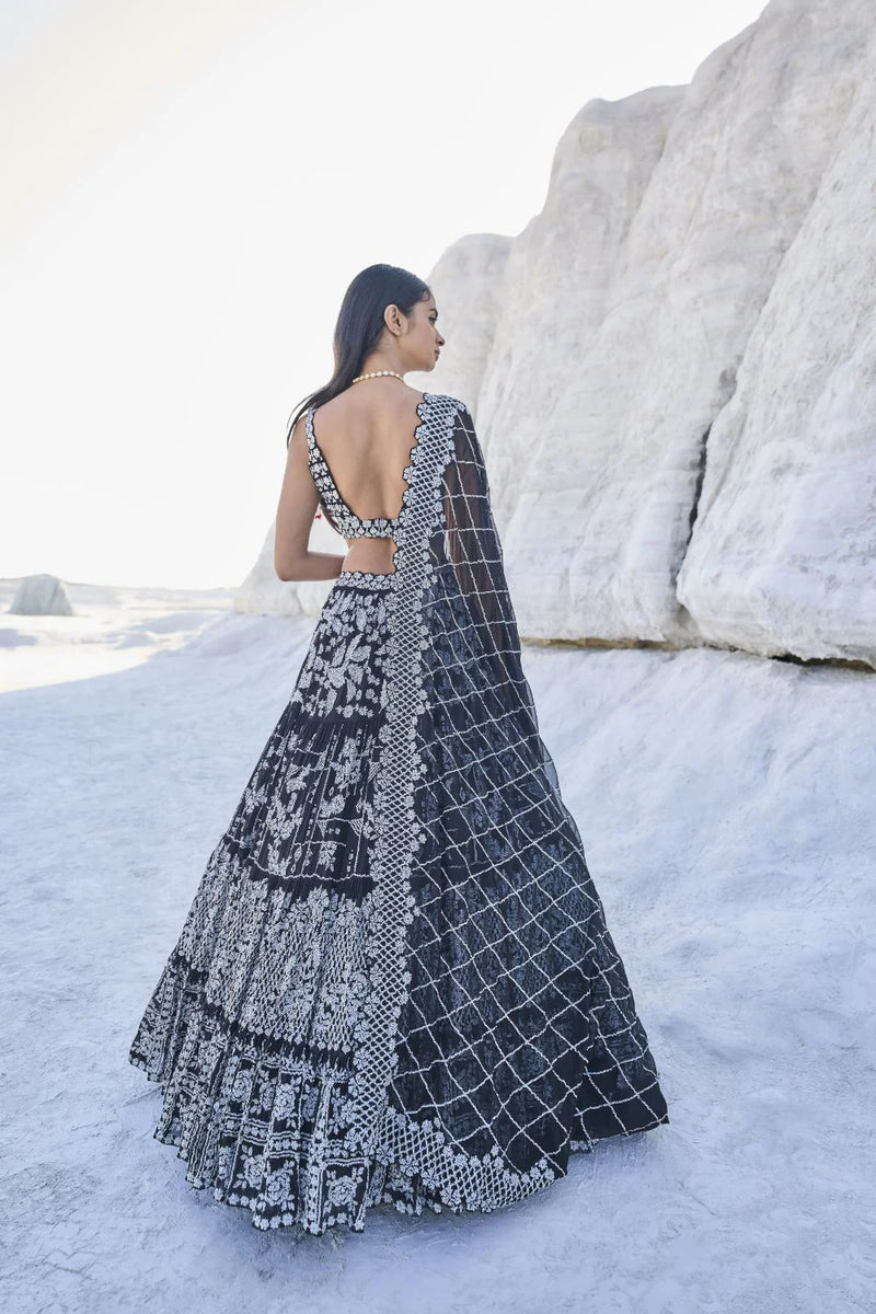 Black Multi-Tiered Lehenga Set by Seema Gujral - Lotus Bloom Canada