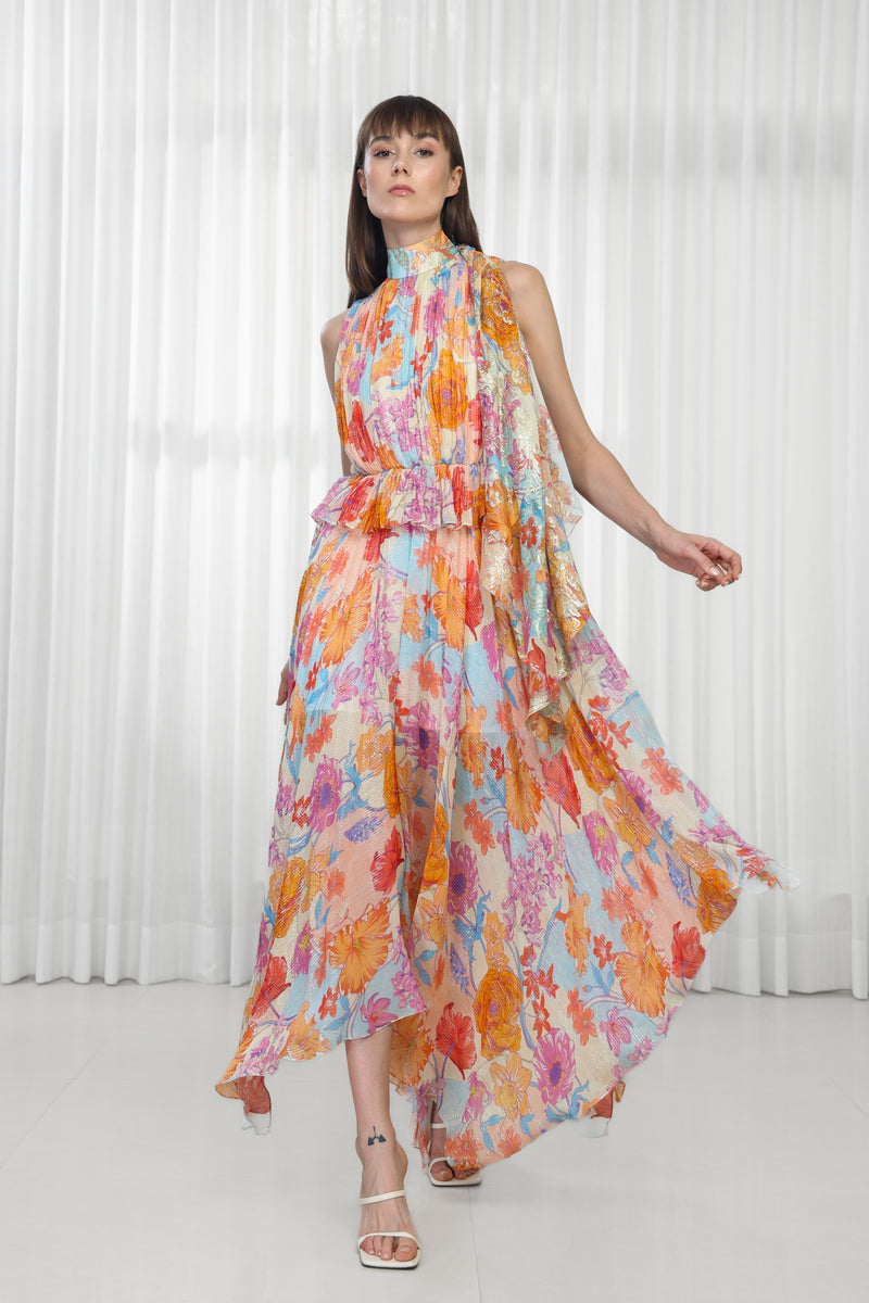 Hibiscus Printed Dress with High Neck Tie-Up