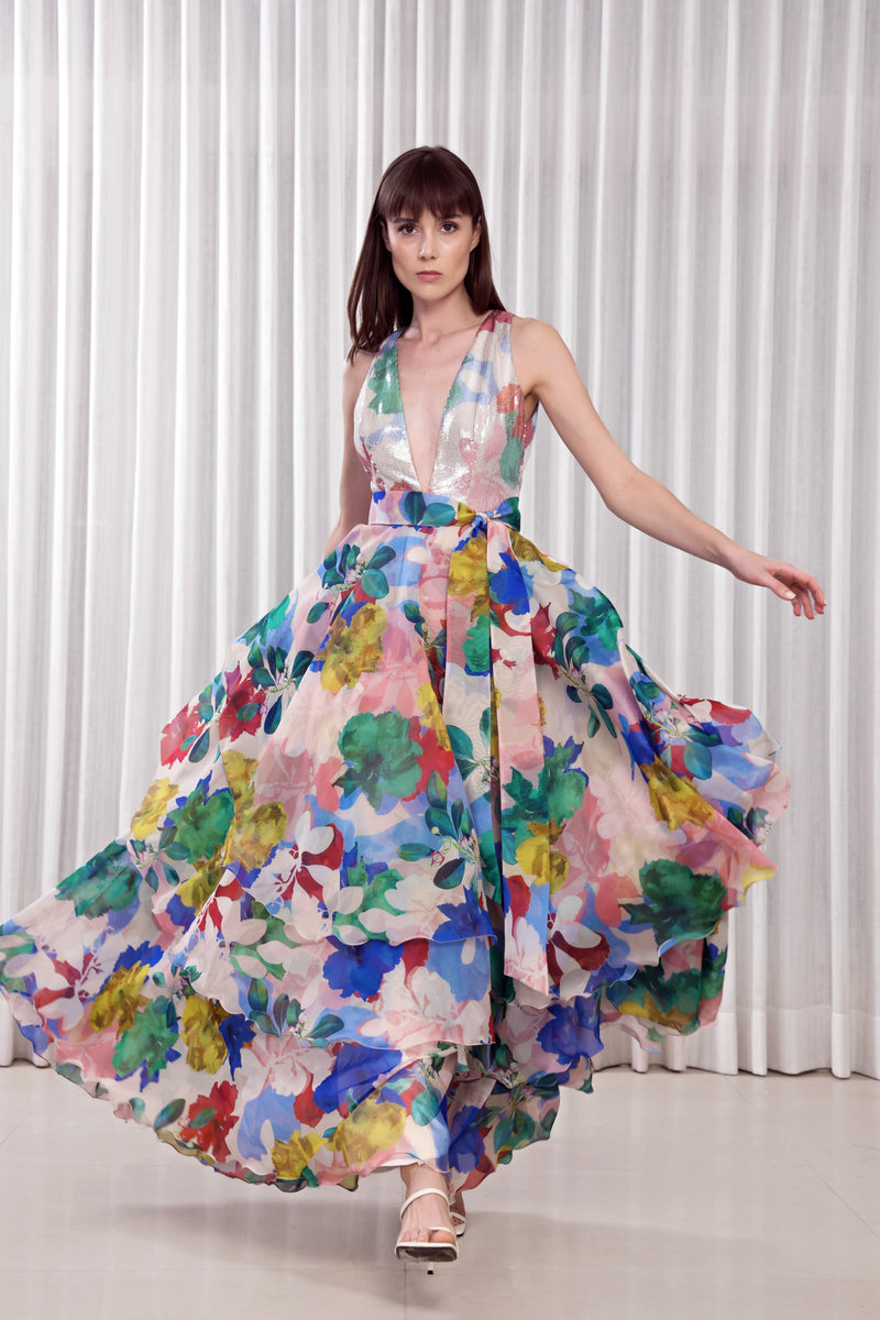 Hibiscus Printed Layered Gown Dress