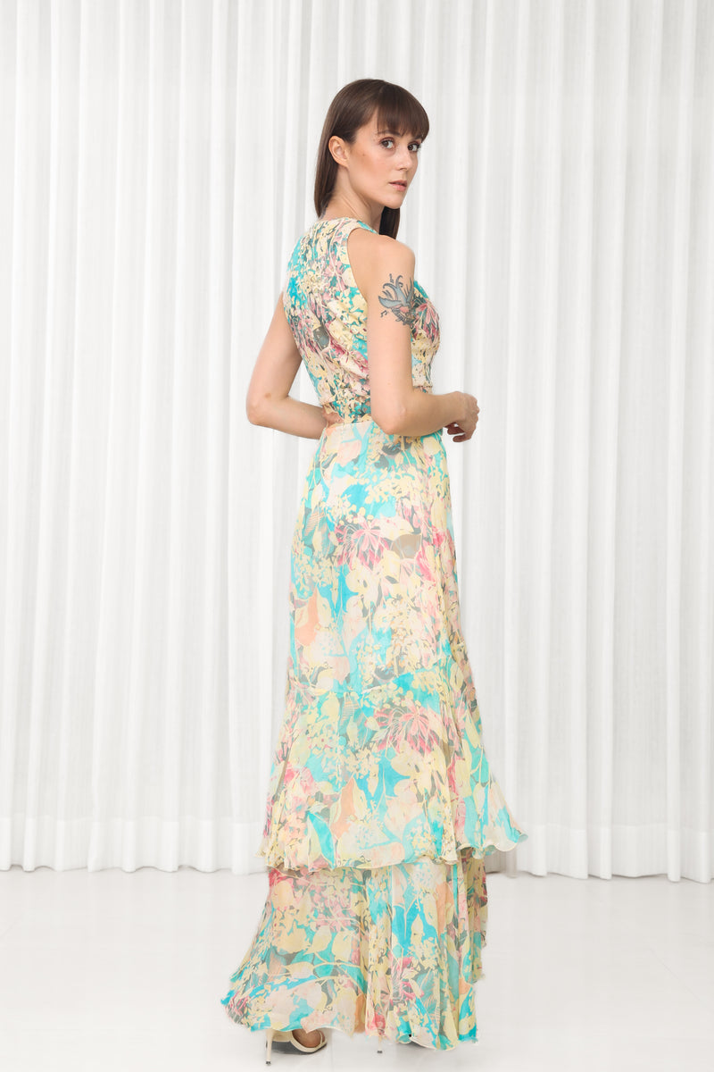 Tube Rose Printed High Low Dress With Belt