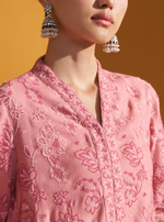 Mulmul Wool Ellis Pink Kurta With Mulmul Wool Ellis Pink Pant