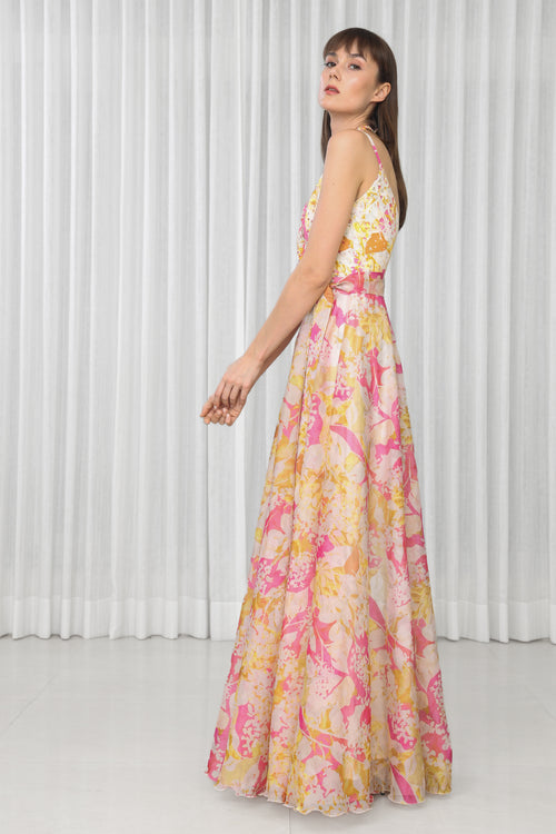 Dahlia Bouquet Printed Chiffon Dress in Scuba and Lazer Details