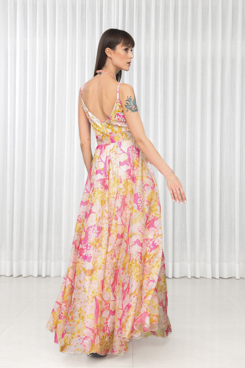 Dahlia Bouquet Printed Chiffon Dress in Scuba and Lazer Details