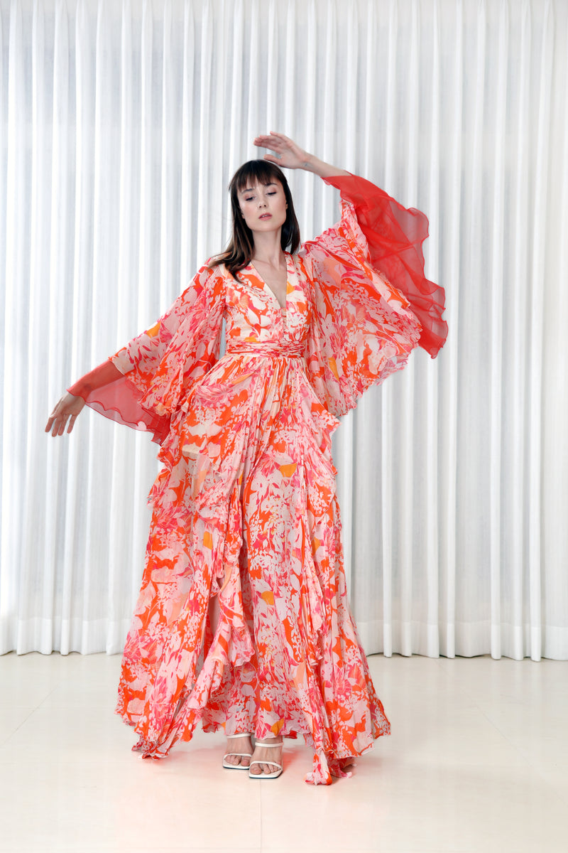 leaf print chiffon dress Maison Tara Printed Chiffon 3/4 Sleeve Midi Dress