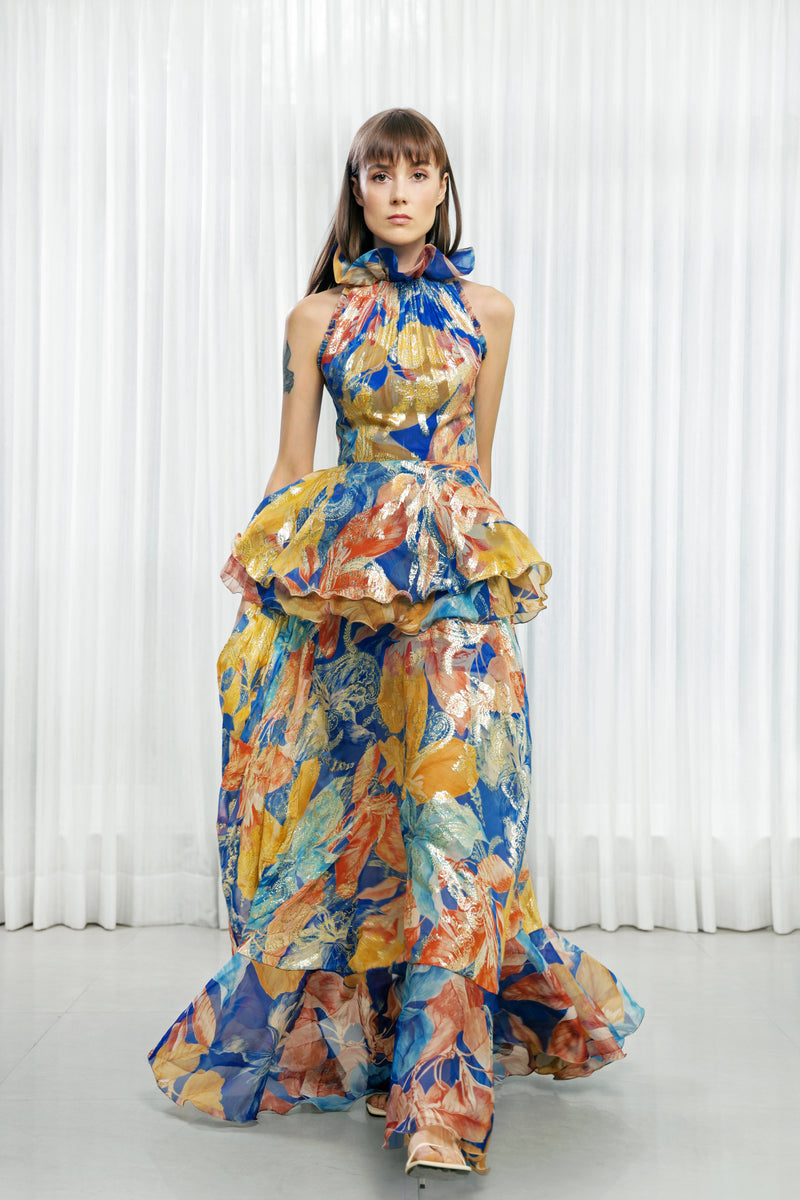 Hawaii Printed Dress with Ruffled Neck