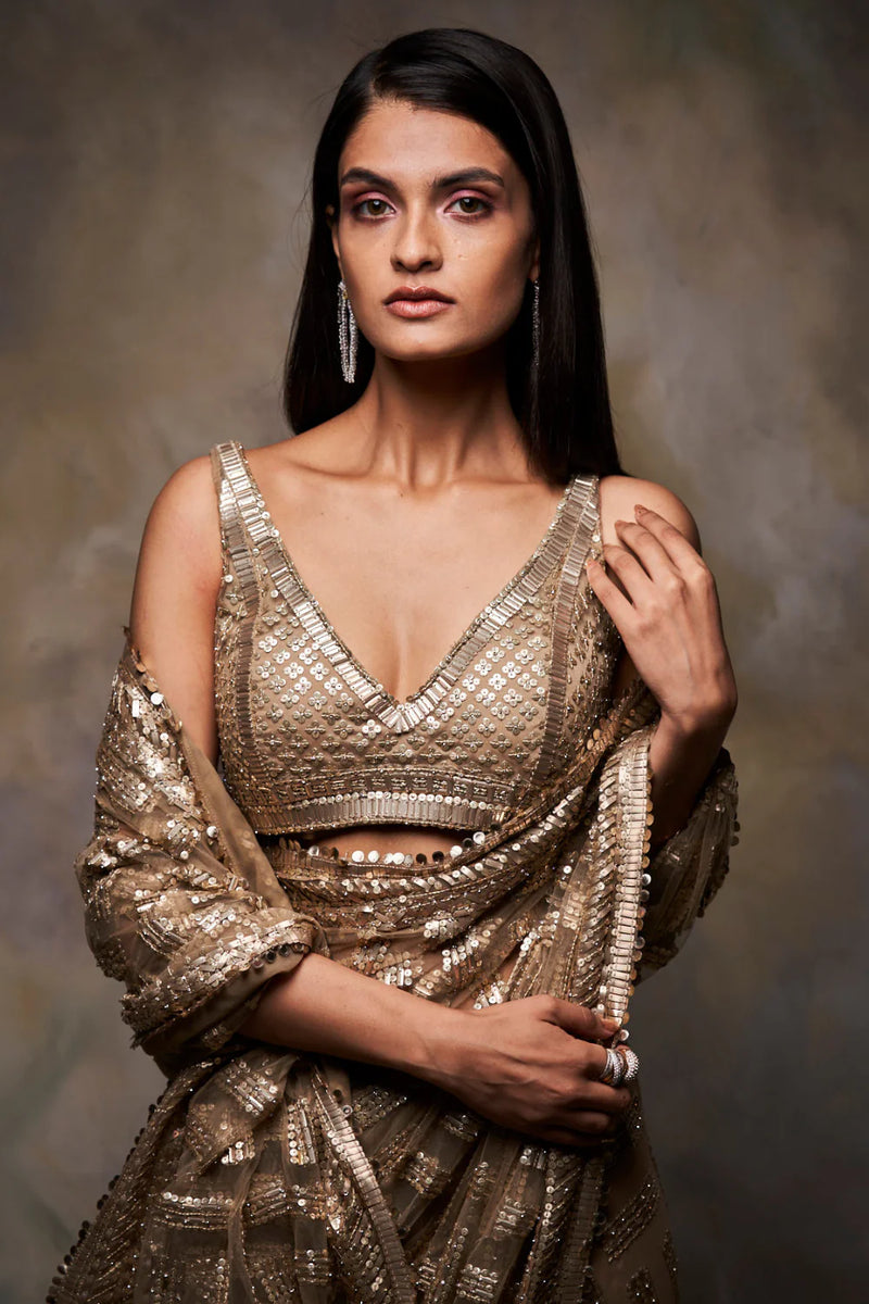 Gold Sequin Saree by Seema Gujral - Lotus Bloom Canada