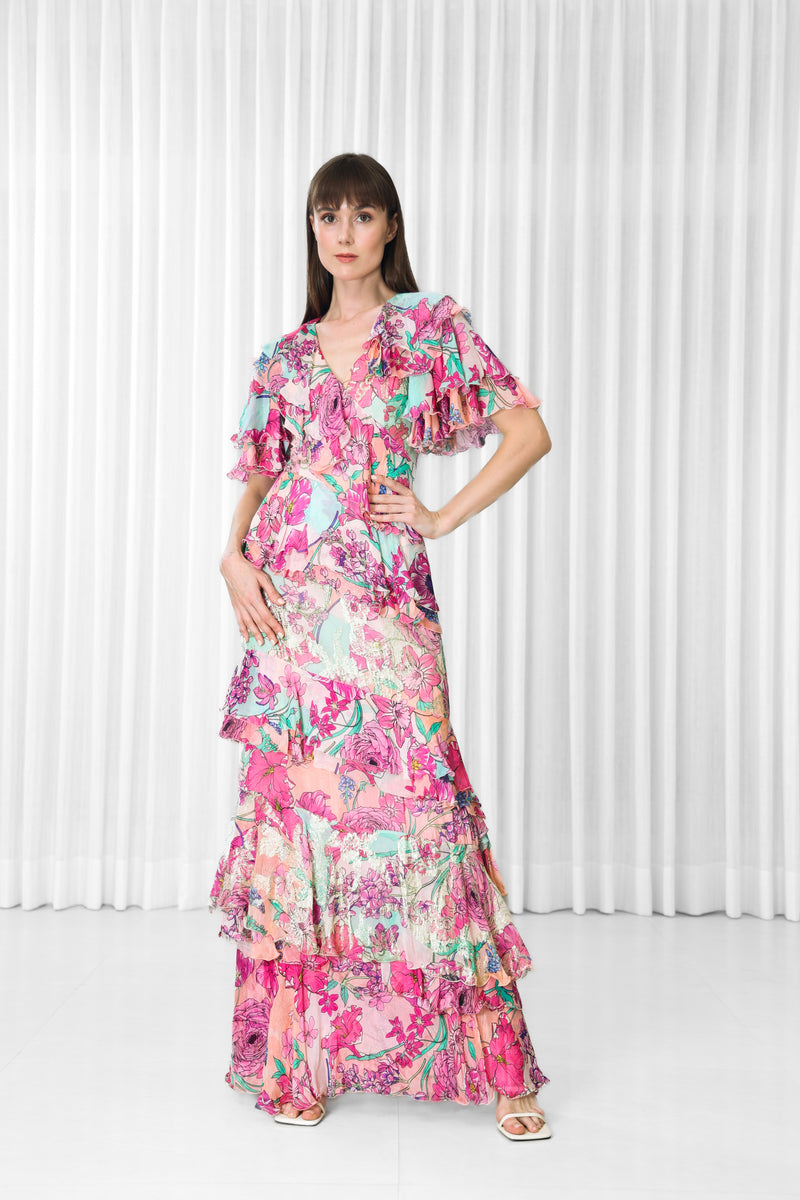 Hibiscus Printed Brasso and Chiffon Ruffled Dress