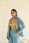 Denim Blazer Gold Bustier with Denim Cargo Pants