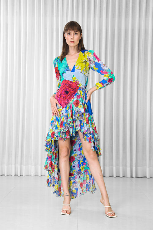 Hibiscus Placement Printed Ruffled Dress