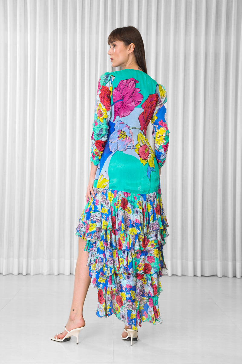 Hibiscus Placement Printed Ruffled Dress