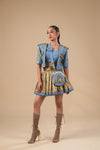 Denim Crop Jacket with Denim Corset and Gold Skirt