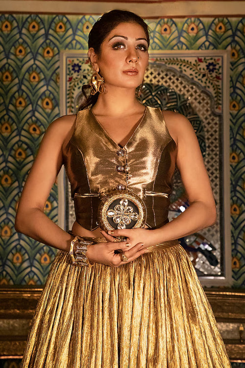 Gold Waist Coat and Gold Lehenga Indo Western Fusion