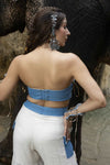 Ivory Kota Doria Hand Painted Sharara With Denim Embellished Bustier & Cape