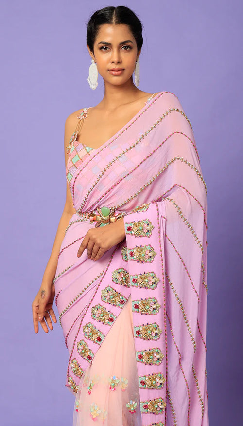 KEEPING MY TABS - BLUSH PINK PRE-STITCHED SAREE SET