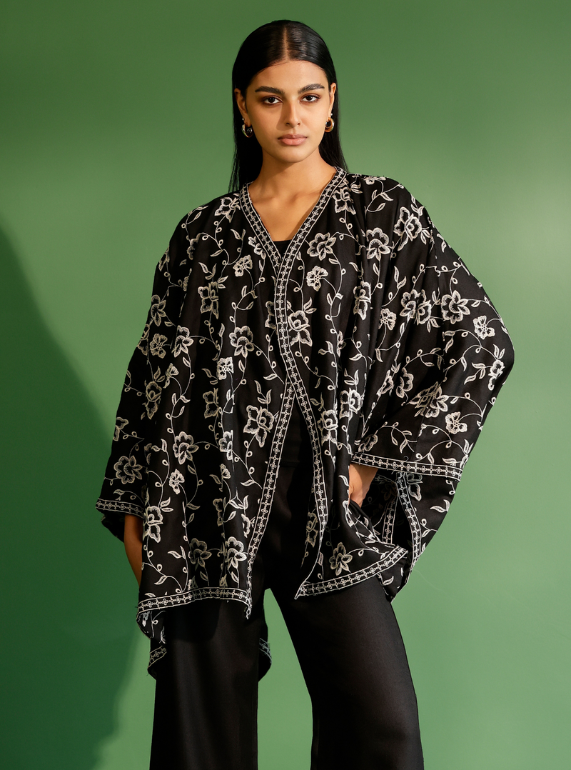 Mulmul Wool Fawn Black kaftan with Wool Fawn Black Pant