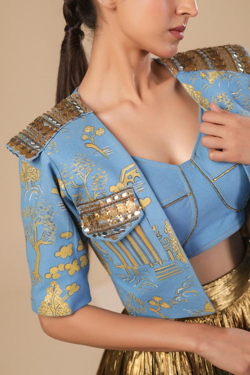 Denim Crop Jacket with Denim Corset and Gold Skirt