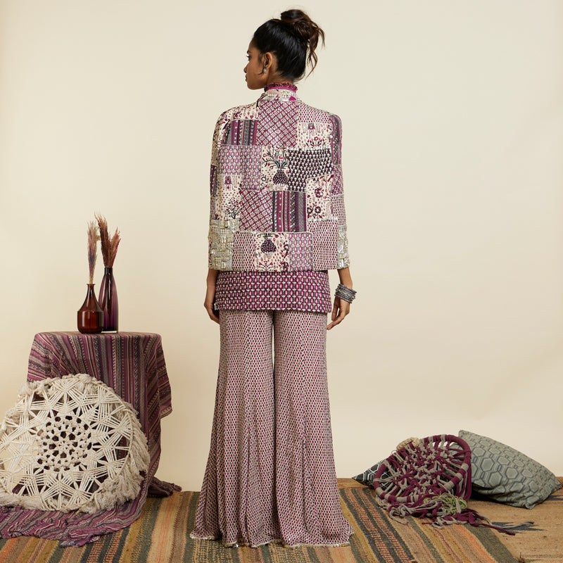 WINE GEO PRINT CAMISOLE PAIRED WITH SHARARA PANTS AND NOOR JACKET