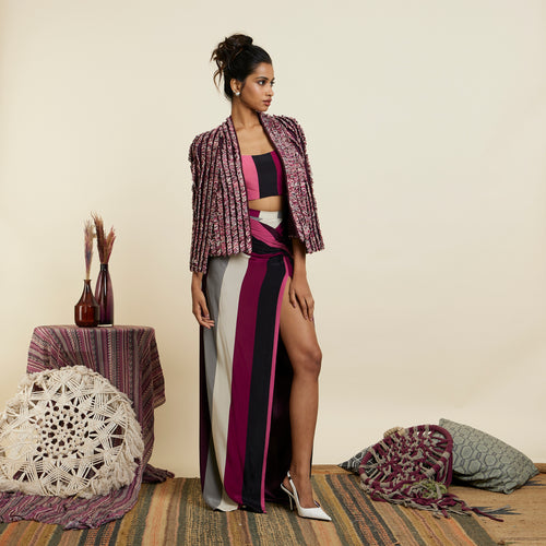 TEXTURED NOOR JACKET WITH MERLOT STRIPE PRINT BUSTIER SIDE SLIT SKIRT