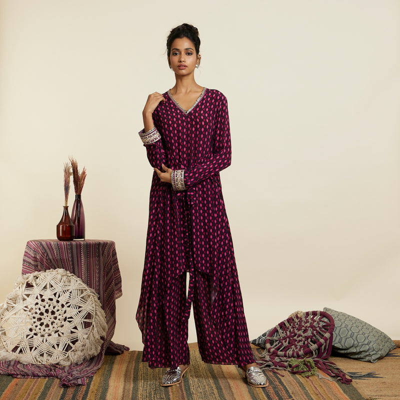 WINE PRINTED FRONT TIE UP TUNIC SET