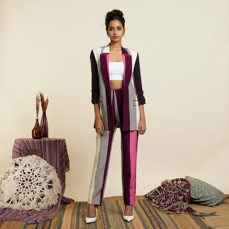 MERLOT STRIPE PRINT BLAZER SET