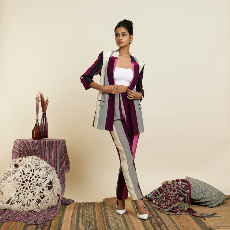 MERLOT STRIPE PRINT BLAZER SET