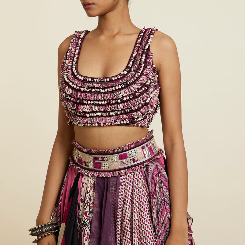 MERLOT TEXTURED CROPTOP TEAMED WITH MULTI PRINTED BOHO SKIRT