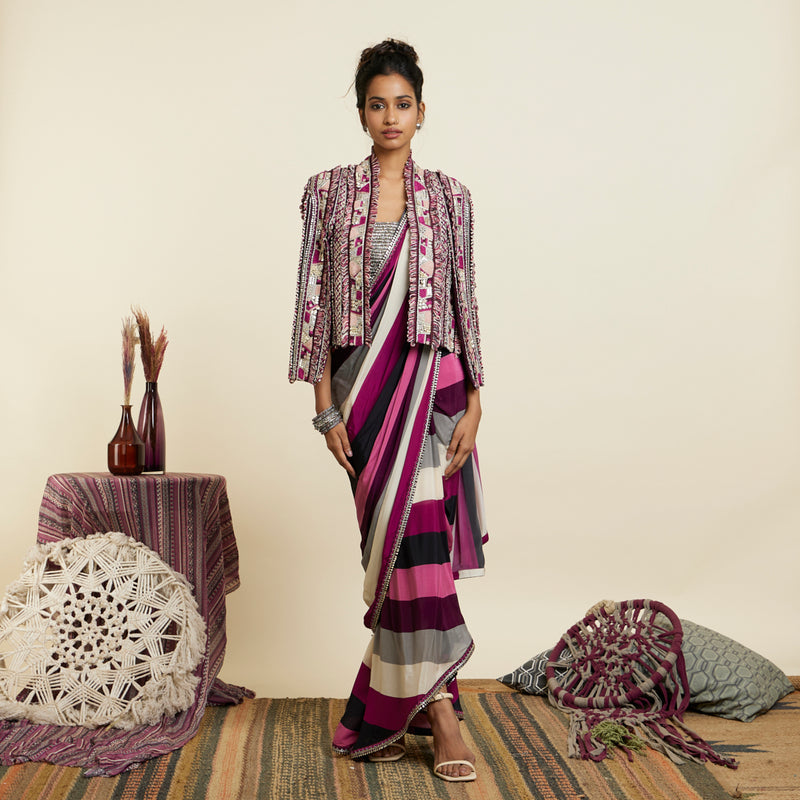 MERLOT STRIPE CASCADE SAREE PAIRED WITH BUSTIER AND NOOR JACKET